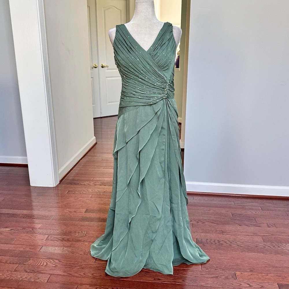 Ignite Evenings by Carol Lin Dusty Sage Green Plunge Layered Tiered Gown Dress